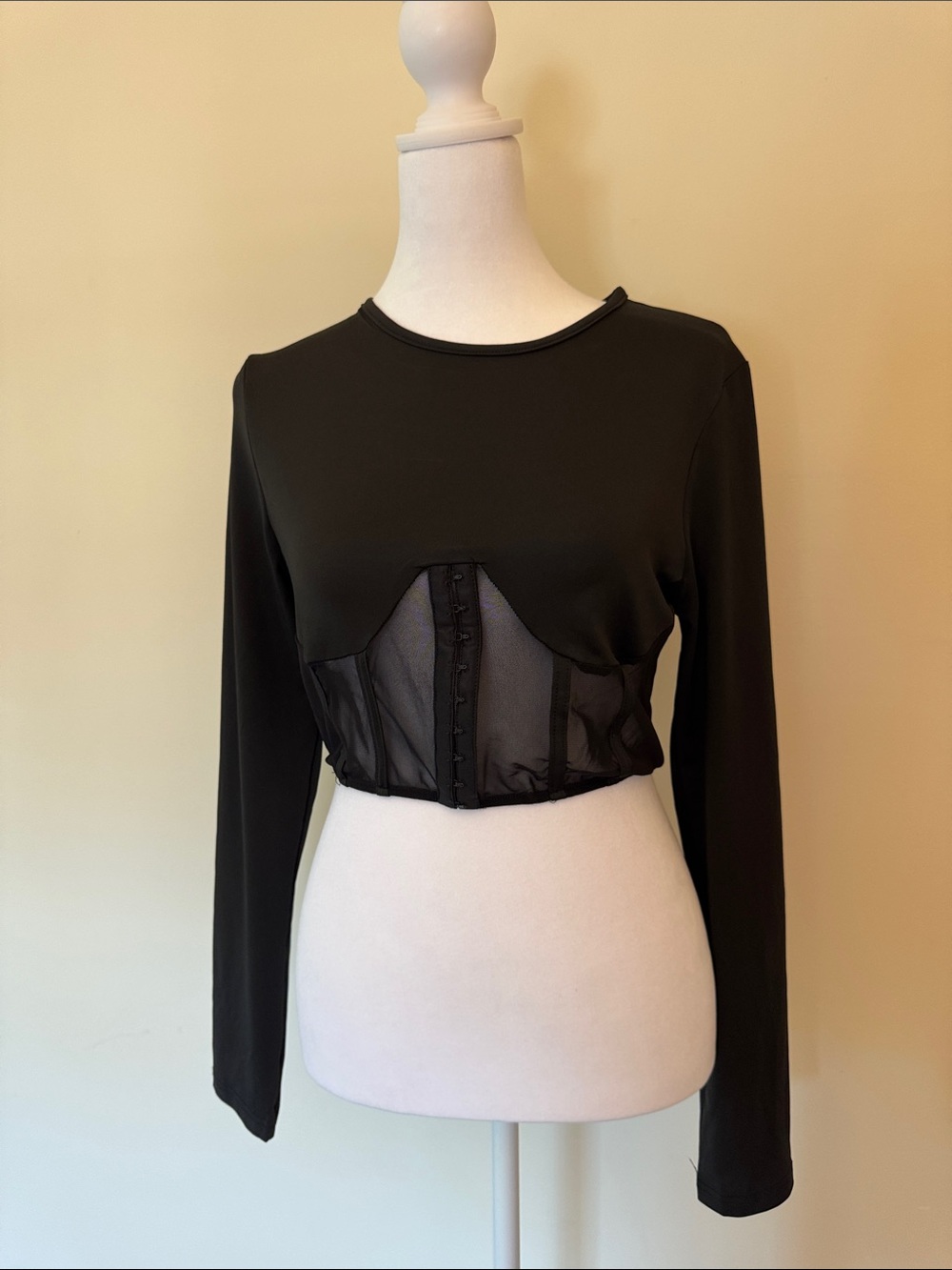 Black Long-Sleeve Crop Top with Corset Mesh Panel
